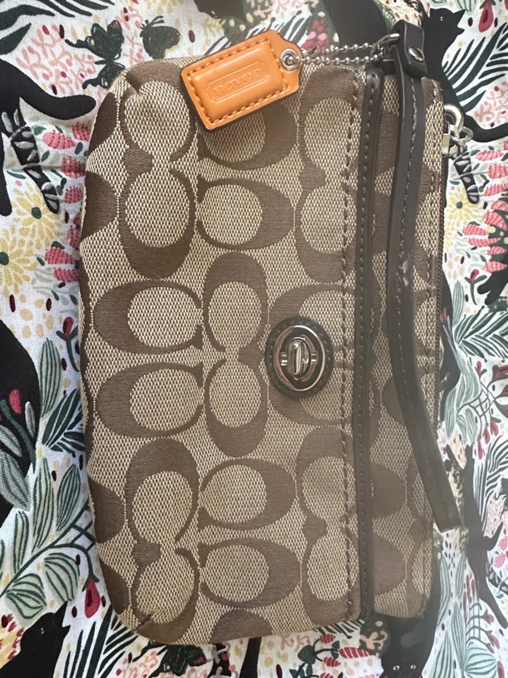 Coach Brown Logo Canvas Wristlet with Orange Tag